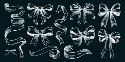 Coquette bow sketches. Rococo chalk drawing. Vintage baroque victorian ribbons. Japanese style hand-drawn illustrations. NOT AI generated